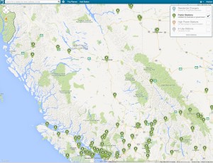 Plugshare's map of public 'chargers' in BC.  Most of these are Level 2, but some are only Level 1 (e.g. the Toll Booth on the Coquihala)