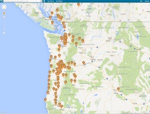 Plugshare's map of Level 3 chargers in WA and OR.  Look at the relatively even spacing along the major routes in each state.  More are still being added there as well.  Once I get my LEAF to Wenatchee, WA from Nelson, I can easily drive all the way down I5, then back up the Oregon coast!  (A future family adventure...)