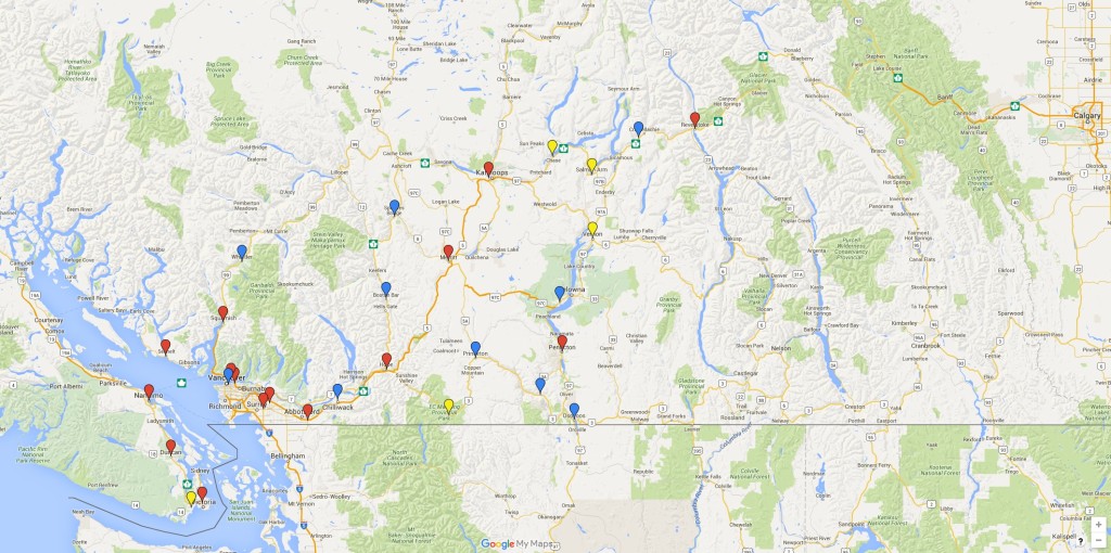Click to enlarge - this map shows the current status of Direct Current Fast Chargers in BC