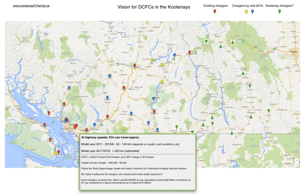 Click to enlarge - this map is one possible vision for additional DCFCs that could be added in the Kootenays. If we wait around it will be years before we get the public fast charging; however, with some regional partnerships/collaboration, and some funding from a body like Columbia Basin Trust, the Kootenays could help lead the way to EVs in BC and Canada!