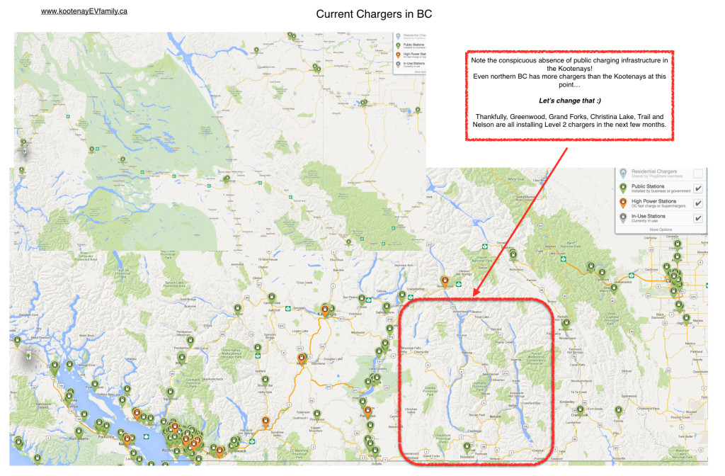 Click to enlarge - this map shows the current public chargers available in BC - notice the gap in the Kootenays?!